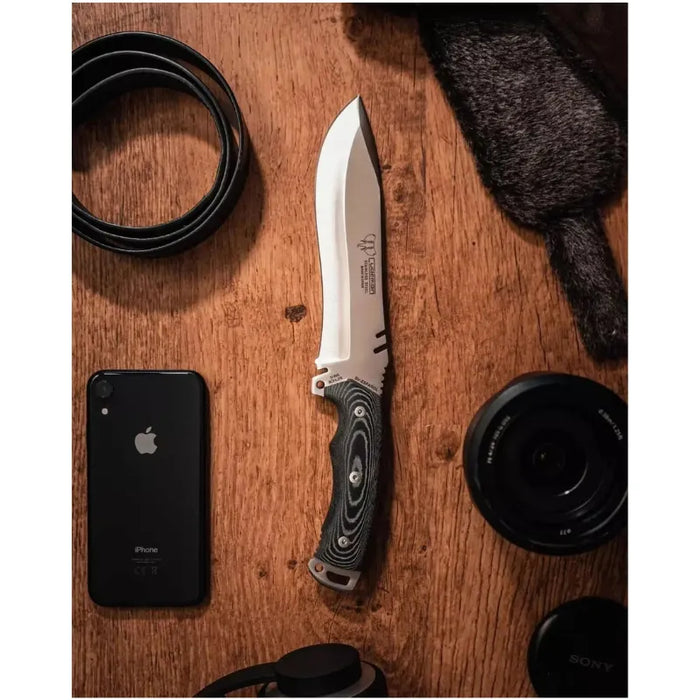 CUDEMAN CLIP POINT TACTICAL 15CM BLACK COATED BLADE BLACK MICARTA WITH RED LINERS/LEATHER SHEATH+COMPASS