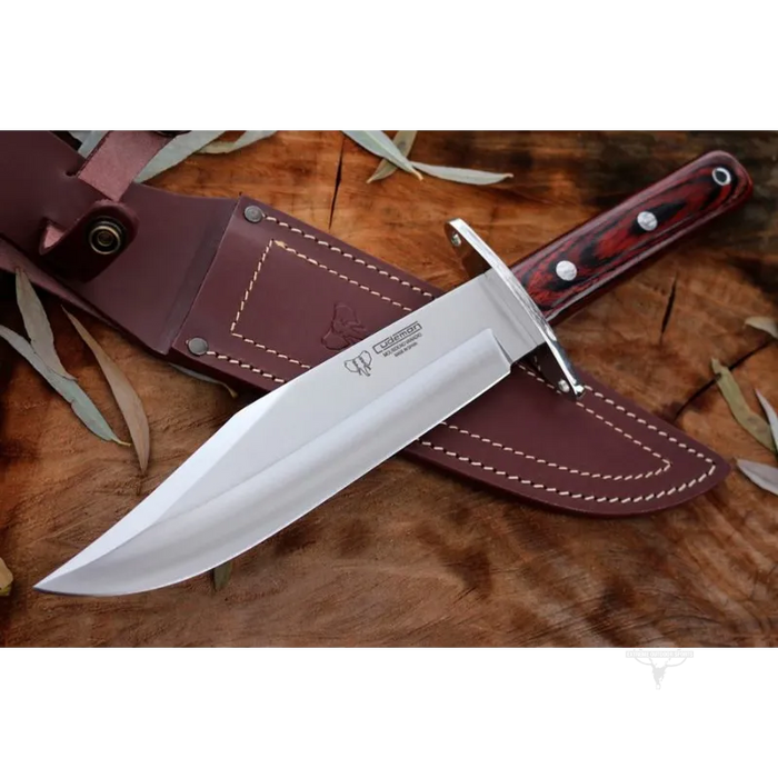 KNIVES - CUDEMAN – BOWIE 25CM BLADE, POLISHED RED STAMIN WOOD HANDLE / LEATHER SHEATH EXTREME OUTDOOR SPORTS