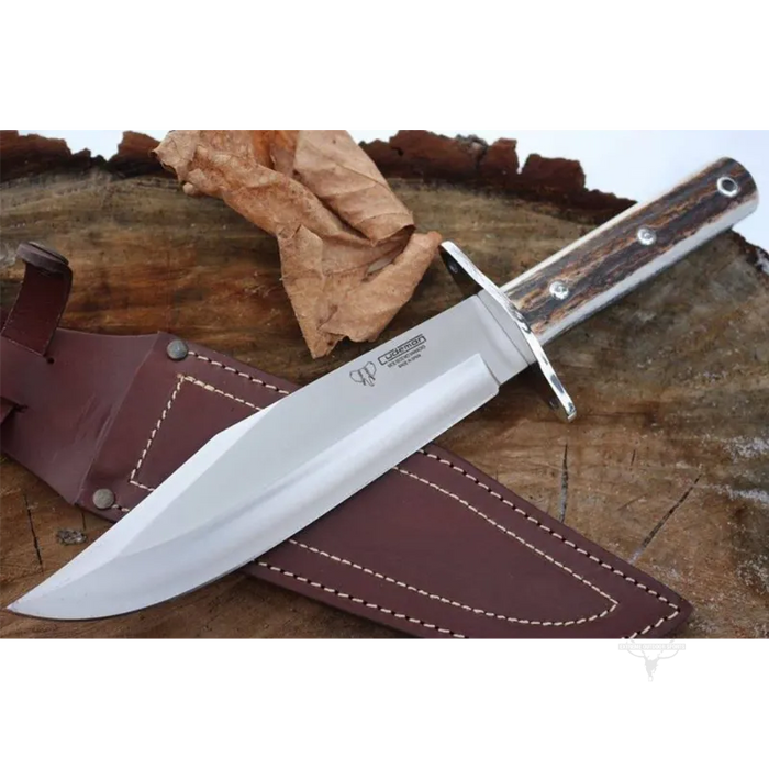 KNIVES - CUDEMAN – BOWIE 25CM BLADE, POLISHED DEER ANTLER HANDLE / LEATHER SHEATH EXTREME OUTDOOR SPORTS