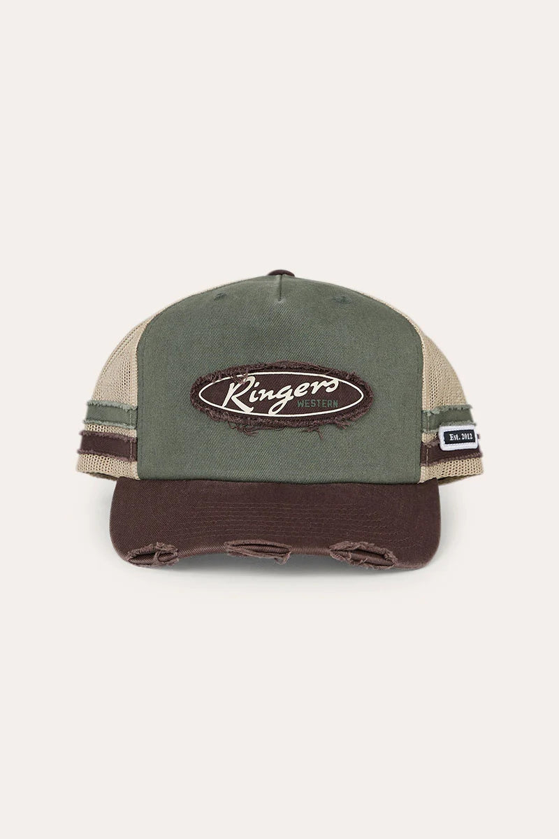 RINGERS WESTERN WORN OUT DEEP FIT TRUCKER CAP - ARMY / CHOCOLATE