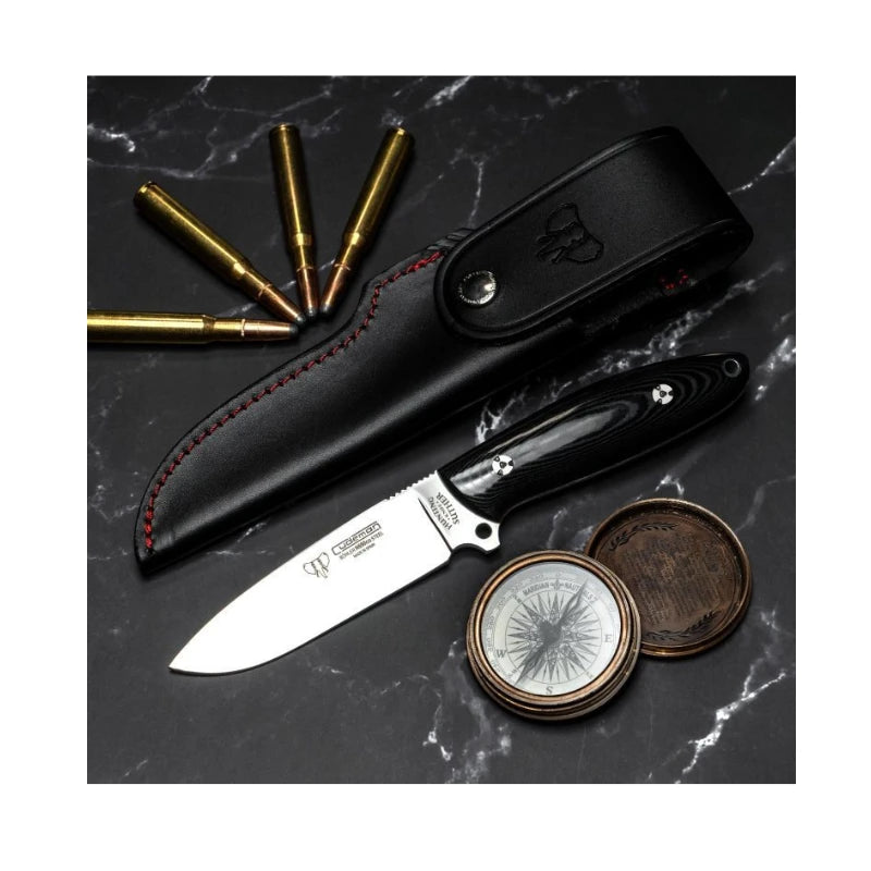 CUDEMAN - DROP POINT 11CM BLADE, POLISHED BLACK MICARTA HANDLE W/SHEATH (255-M)