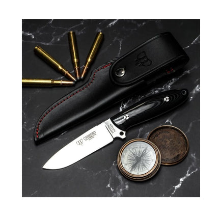 CUDEMAN - DROP POINT 11CM BLADE, POLISHED BLACK MICARTA HANDLE W/SHEATH (255-M)
