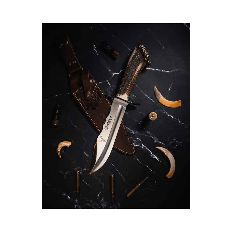 CUDEMAN - BOWIE 24.5CM BLADE, POLISHED STAG ROSETT HANDLE W/SHEATH (294-CR)