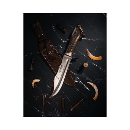 CUDEMAN - BOWIE 24.5CM BLADE, POLISHED STAG ROSETT HANDLE W/SHEATH (294-CR)