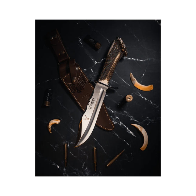CUDEMAN - BOWIE 24.5CM BLADE, POLISHED STAG ROSETT HANDLE W/SHEATH (294-CR)