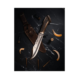 CUDEMAN - BOWIE 24.5CM BLADE, POLISHED STAG ROSETT HANDLE W/SHEATH (294-CR)