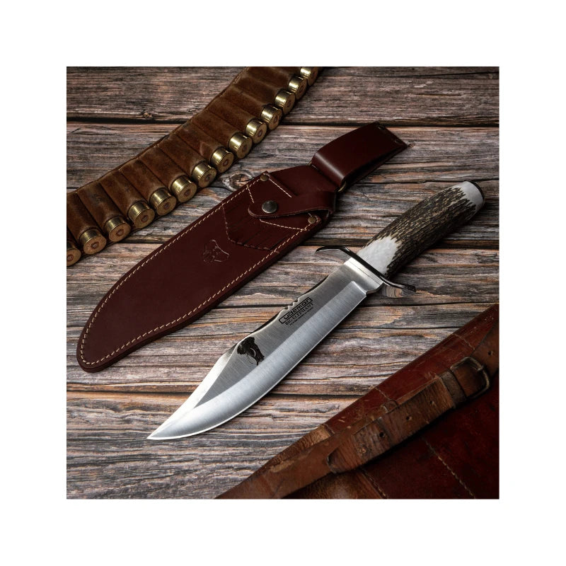 CUDEMAN - BIG ELEPHANT BOWIE 24.5CM BLADE, POLISHED DEER ANTLER HANDLE W/SHEATH (294-C)