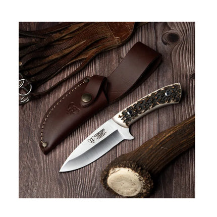 CUDEMAN - DROP POINT, 10 CM VANDIUM BLADE, POLISHED DEER ANTLER HANDLE, W/SHEATH (133-C)