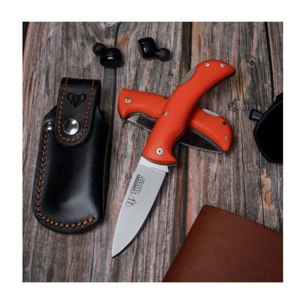 CUDEMAN - FOLDING SKINNER 8CM DROP POINT, ORANGE G10 HANDLE / SHEATH (345-JF ATHENEA)