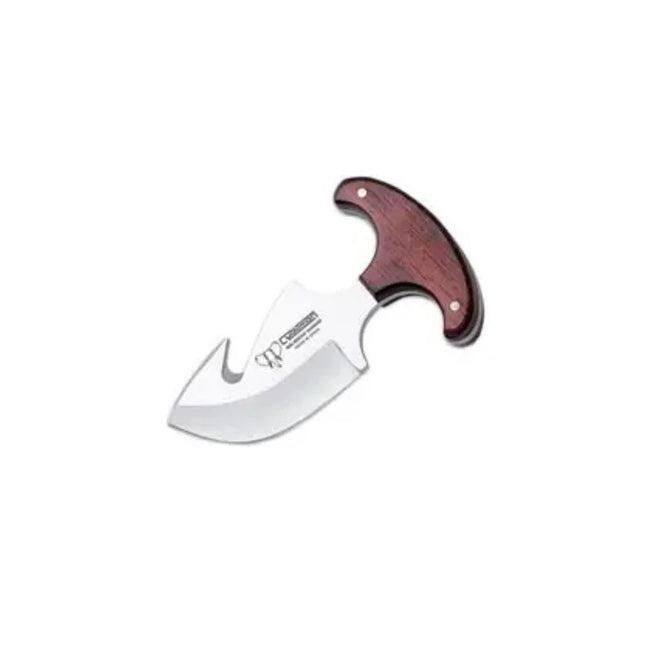 CUDEMAN – SKINNER 8CM BLACK ANODIZED MOUSE STYLE GUT HOOK BLADE, RED STAMIN T- HANDLE / LEATHER SHEATH