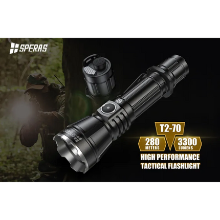 SPERAS T2-70 TACTICAL FLASHLIGHT - 280M BEAM DISTANCE (3300LM) - PB35 RECHARGABLE BATTERY