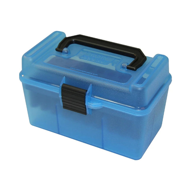 MTM Deluxe Rifle Ammo Boxes with Handle - 50 Round fits 22-250 243 Win 308 Win - Clear Blue