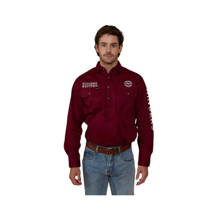 RINGERS WESTERN HAWKEYE MENS HALF BUTTON WORK SHIRT - BURGUNDY
