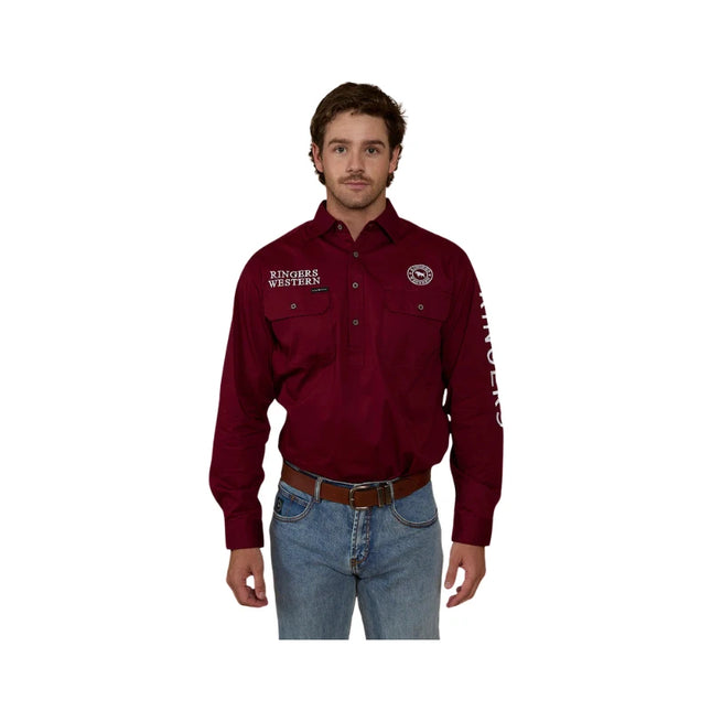 RINGERS WESTERN HAWKEYE MENS HALF BUTTON WORK SHIRT - BURGUNDY