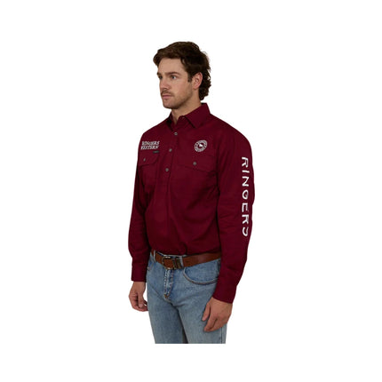 RINGERS WESTERN HAWKEYE MENS HALF BUTTON WORK SHIRT - BURGUNDY
