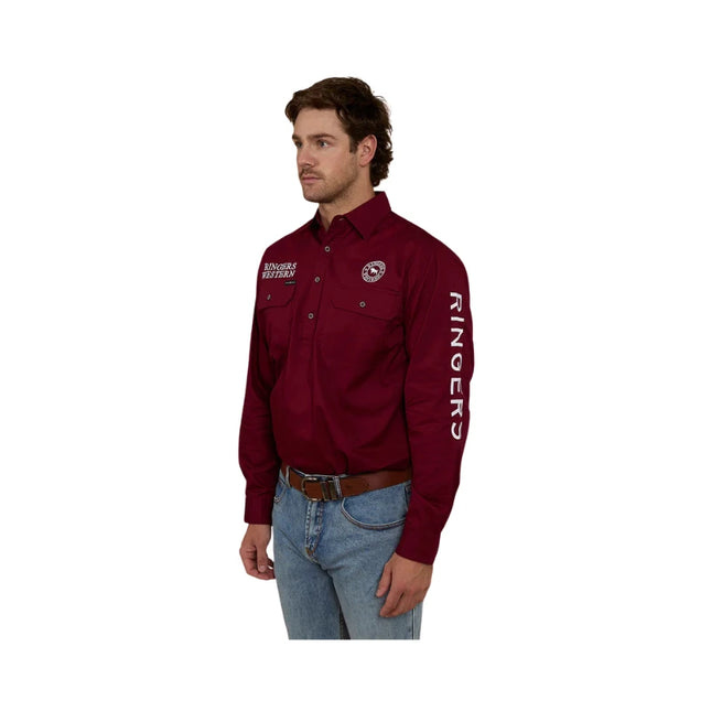 RINGERS WESTERN HAWKEYE MENS HALF BUTTON WORK SHIRT - BURGUNDY