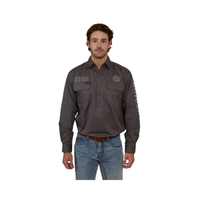 RINGERS WESTERN HAWKEYE MENS HALF BUTTON WORK SHIRT - MAGNUM/ULTIMATE GREY