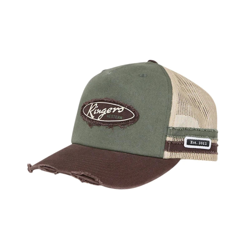 RINGERS WESTERN WORN OUT DEEP FIT TRUCKER CAP - ARMY / CHOCOLATE