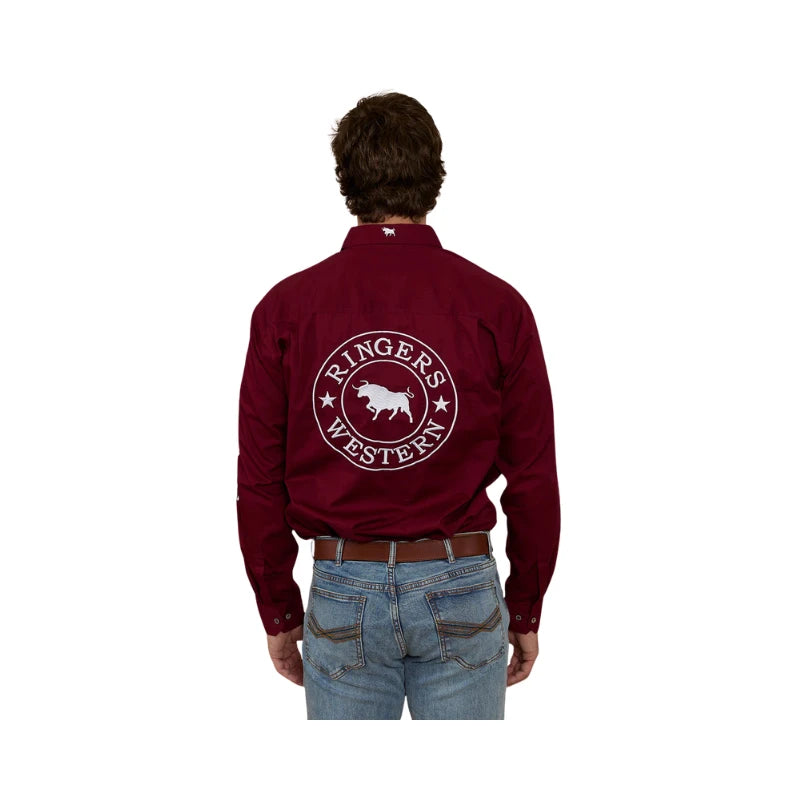 RINGERS WESTERN HAWKEYE MENS HALF BUTTON WORK SHIRT - BURGUNDY