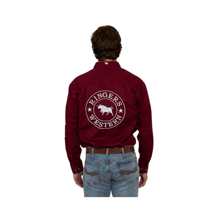 RINGERS WESTERN HAWKEYE MENS HALF BUTTON WORK SHIRT - BURGUNDY