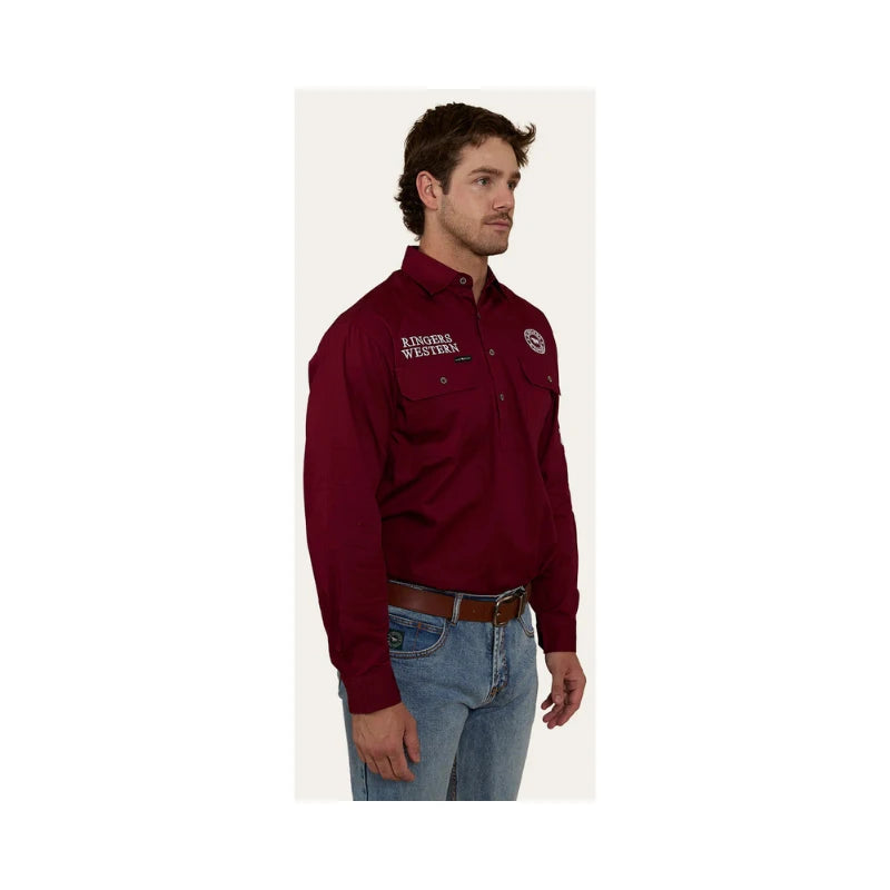 RINGERS WESTERN HAWKEYE MENS HALF BUTTON WORK SHIRT - BURGUNDY