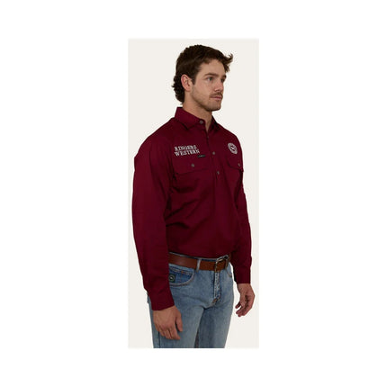 RINGERS WESTERN HAWKEYE MENS HALF BUTTON WORK SHIRT - BURGUNDY