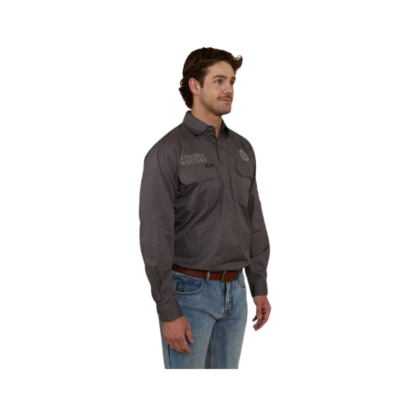 RINGERS WESTERN HAWKEYE MENS HALF BUTTON WORK SHIRT - MAGNUM/ULTIMATE GREY
