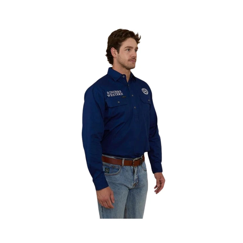 RINGERS WESTERN HAWKEYE MENS HALF BUTTON WORK SHIRT - NAVY