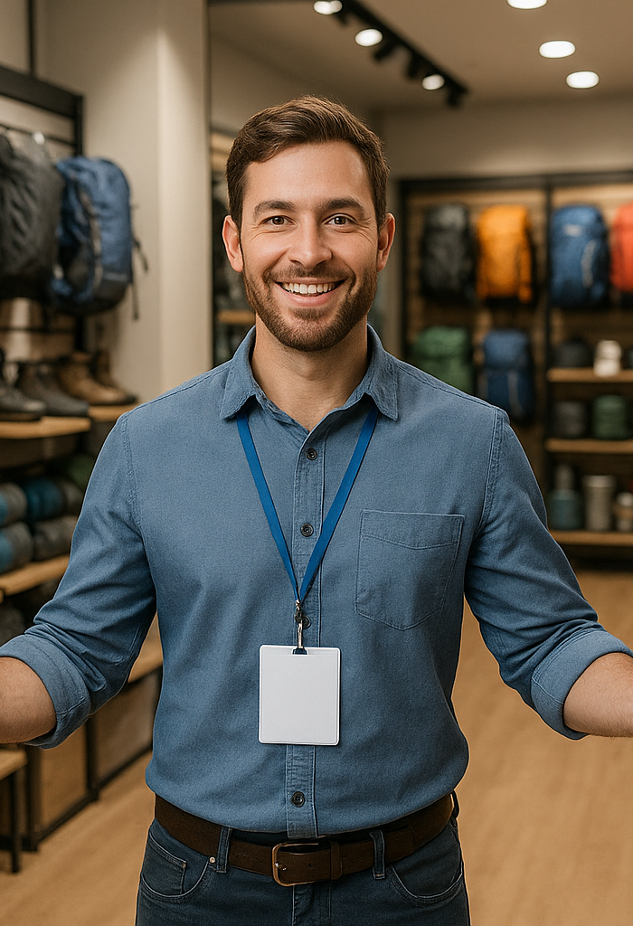 a professional looking customer service representative smiling and and seemingly welcoming customers inside a extreme outdoor sports shop