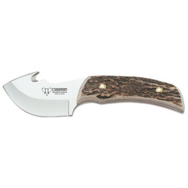 KNIVES - CUDEMAN – SKINNER 7.5CM MOUSE STYLE BLADE, POLISHED DEER ANTLER HANDLE / LEATHER SHEATH EXTREME OUTDOOR SPORTS