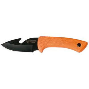 KNIVES - CUDEMAN – SKINNER 9CM BLACK ANODIZED GUT HOOK BLADE, FLURO RUBBERISED HANDLE / LEATHER SHEATH EXTREME OUTDOOR SPORTS