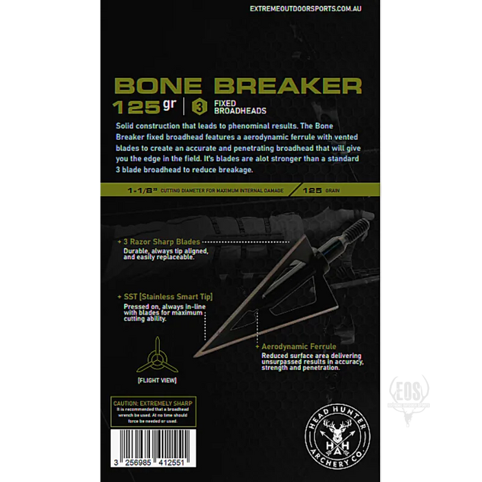 ARCHERY - HEADHUNTER ARCHERY BROADHEADS - BONE BREAKER SOLID 3 BLADE 125GR (6PK) EXTREME OUTDOOR SPORTS