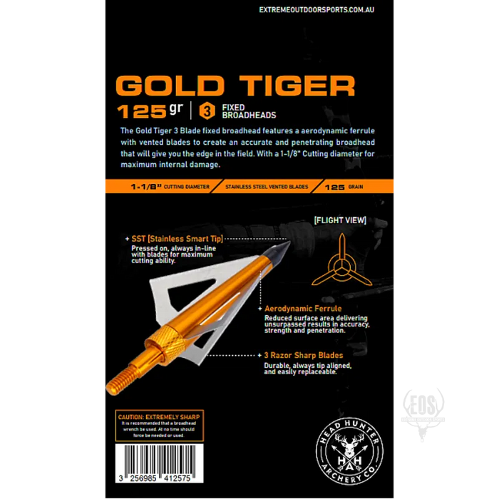 ARCHERY - HEADHUNTER ARCHERY BROADHEADS - GOLD TIGER 3 BLADE 125GR (6PK) EXTREME OUTDOOR SPORTS