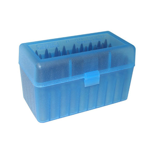 SHOOTING ACCESSORIES - MTM RIFLE AMMO BOX - 50 ROUND FLIP-TOP 243WIN,308WIN,220 SWIFT - CLEAR BLUE EXTREME OUTDOOR SPORTS