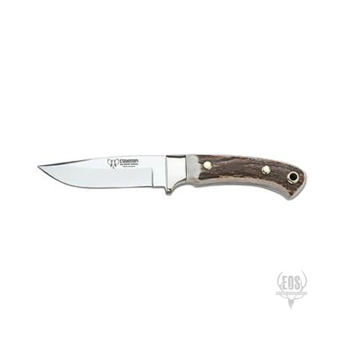 KNIVES - CUDEMAN – SKINNER 10CM CLIP POINT BLADE, POLISHED DEER ANTLER HANDLE, GOLD TANG / LEATHER SHEATH EXTREME OUTDOOR SPORTS