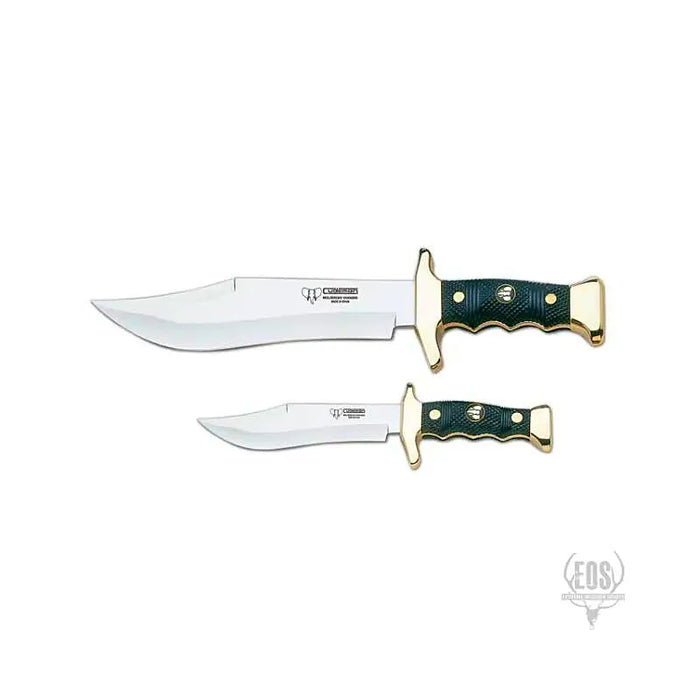 KNIVES - CUDEMAN CLIP POINT COMBO 21CM+13CM SATIN FINSH BLADE ABS GOLD TRIM HANDLE /LEATHER SHEATH EXTREME OUTDOOR SPORTS